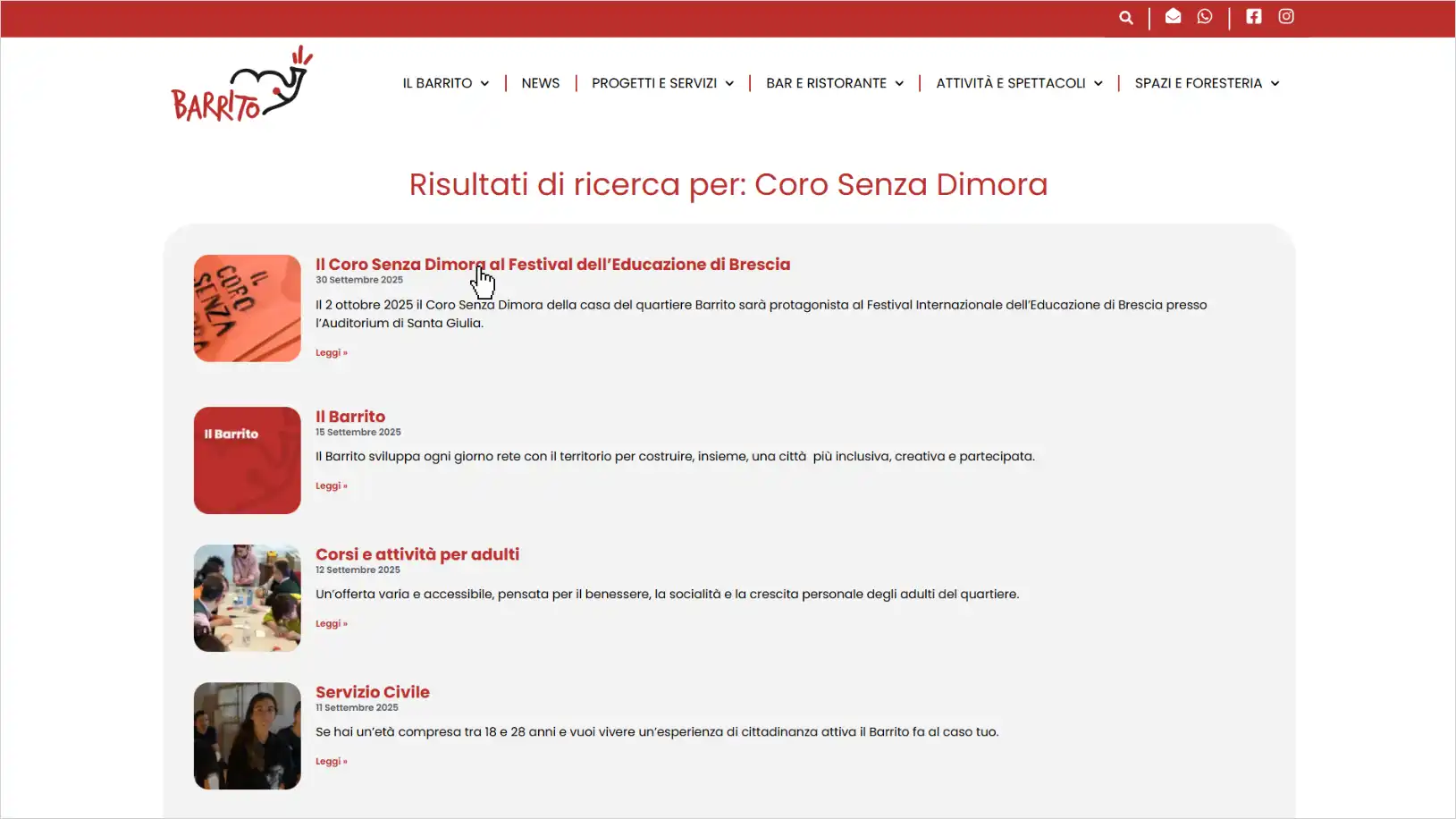 Risultati della ricerca sul sito del Barrito